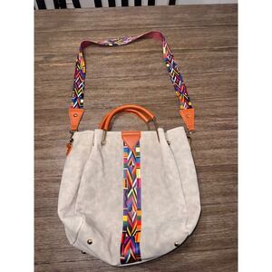 Gray Faux Suede Tote Bag Multicolor Woven Strap‎ Top Handles Crossbody